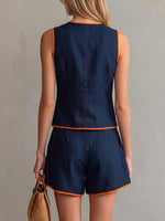 Women's Solid-color Set: Round-neck Sleeveless Loose-fit Cotton-linen Cardigan Top & High-waisted Wide-leg Shorts