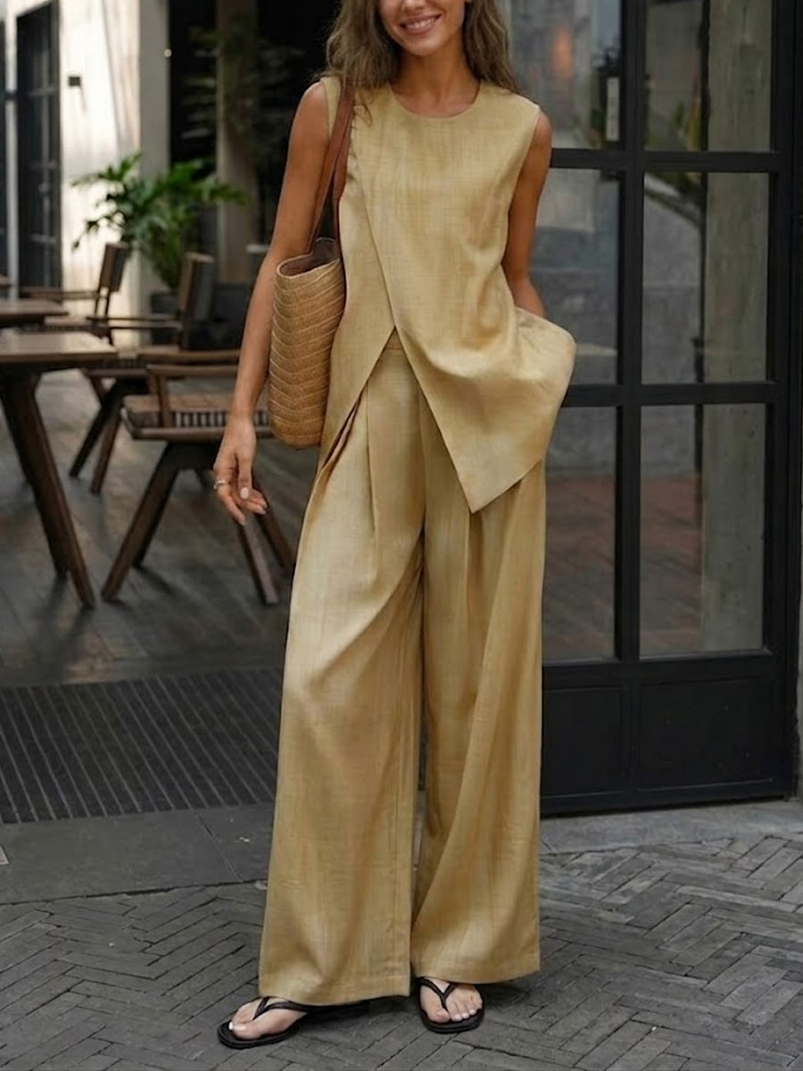 Women's Simple High-end Irregular Cut Sleeveless Top Cotton And Linen Set