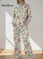Women's Floral Pattern Art Print Casual Knitted Cotton Top Pants Suit