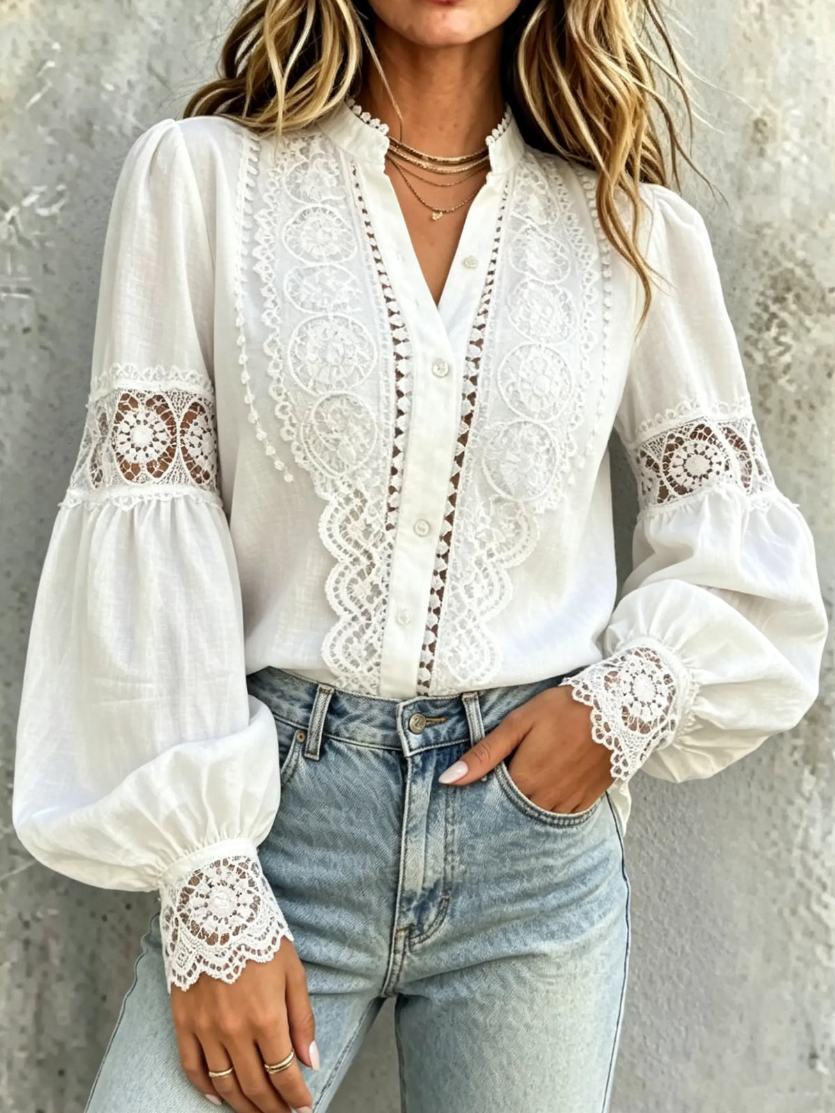 Women's Lace-trimmed Lantern Sleeve Business-casual Shirt