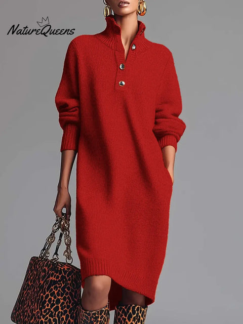 Women's Stand Collar Long Sleeve Casual Loose Knit Dress