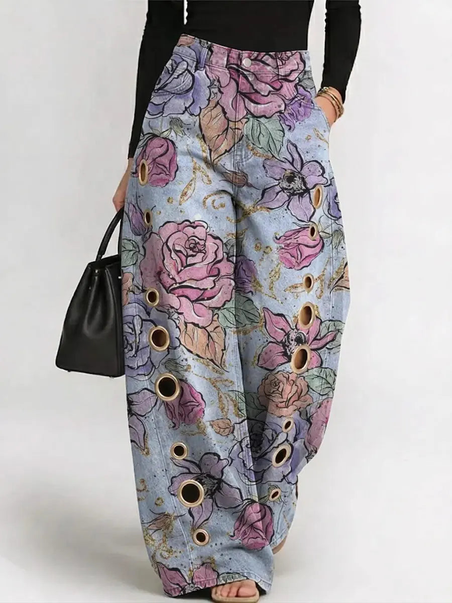 Women's Vintage Flowers Print Casual Fashion Cutout Jeans