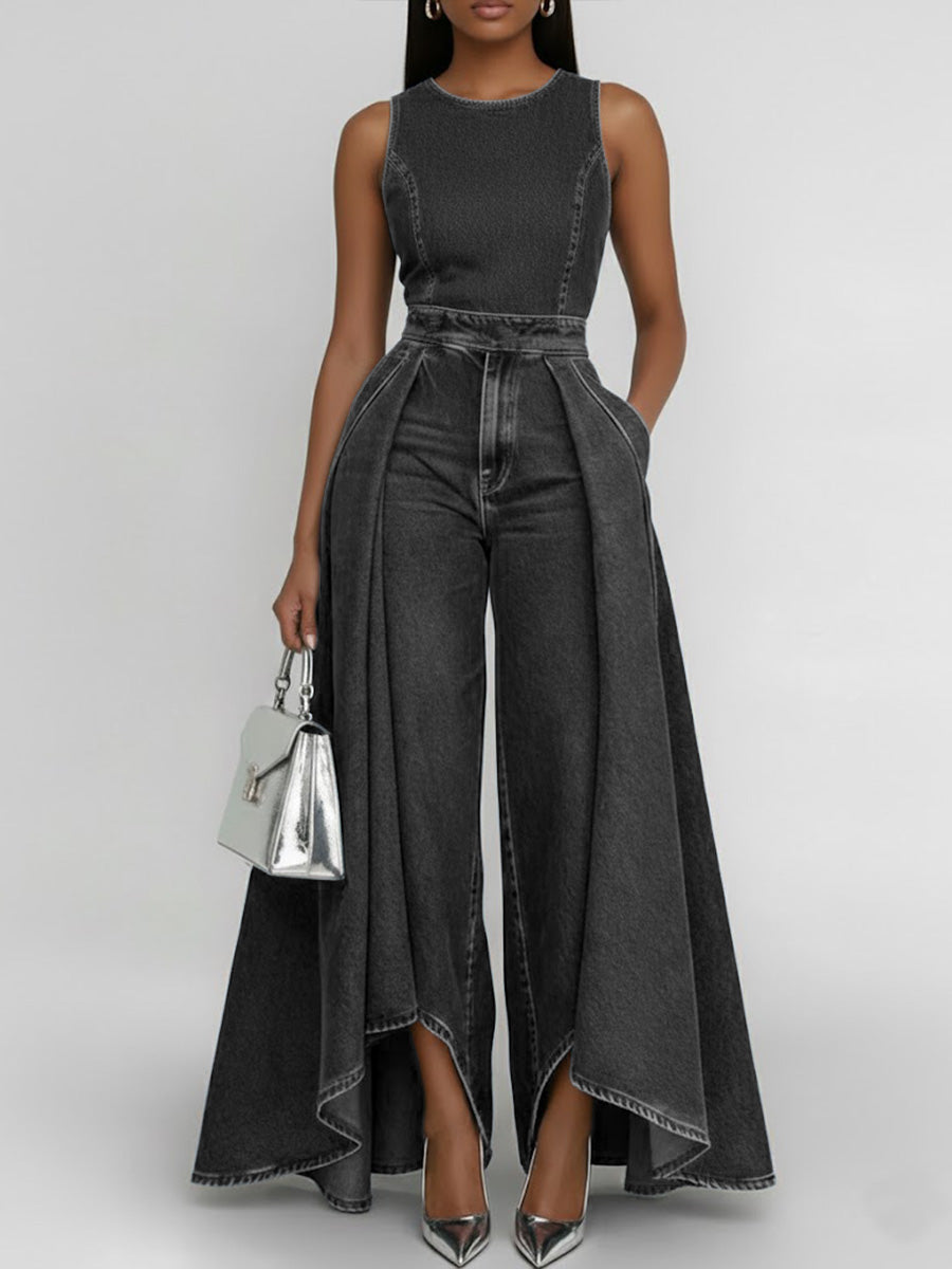 Women's Round Neck Sleeveless Casual Loose Wide-leg Denim Jumpsuit