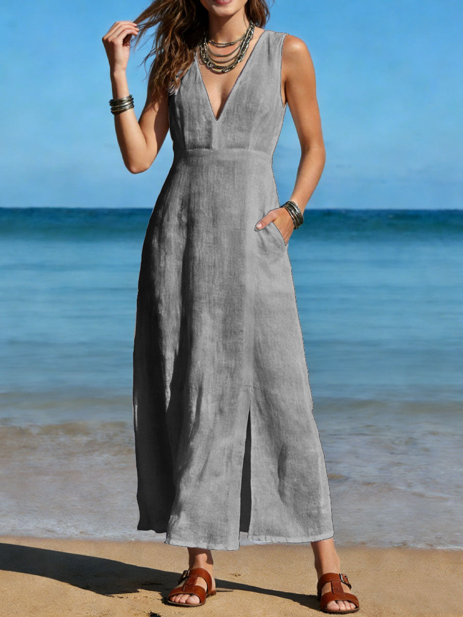 Women's Long Cotton Linen Slit Dress