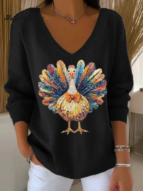 Women's Thanksgiving Turkey Pattern Art Print Casual V-Neck Sweater