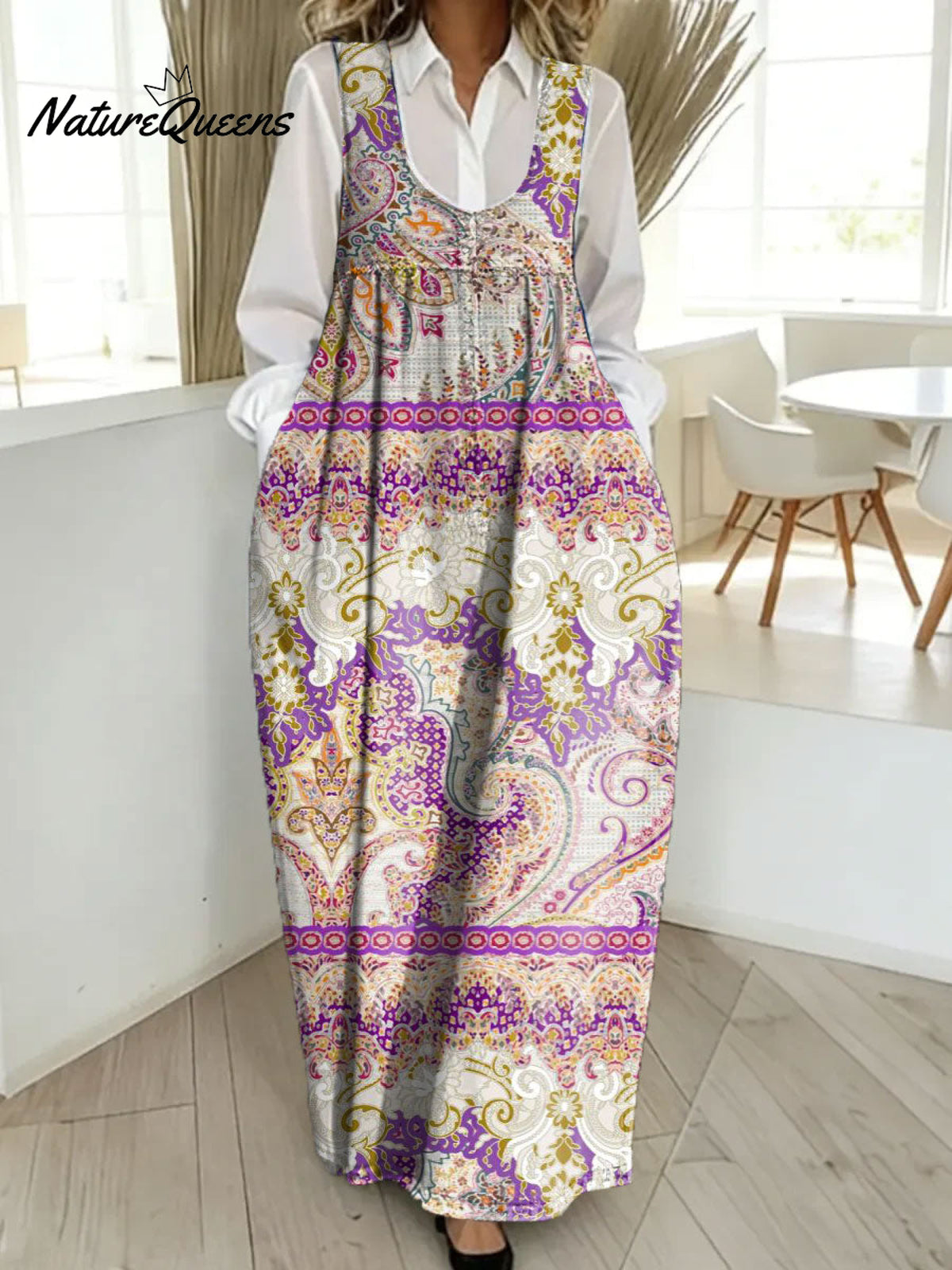 Women's Retro Splicing Colorful Flowers Pattern Art Print Casual Cotton Denim Dress