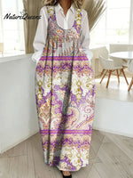 Women's Retro Splicing Colorful Flowers Pattern Art Print Casual Cotton Denim Dress