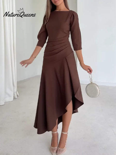 Women's Elegant Solid Color Ruffled Dress With Asymmetrical Hem