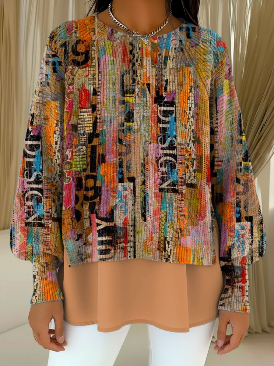 Mix And Match Decorative Patterns Of Various Patterns Women's Casual Round Collar Long Sleeve Sweater