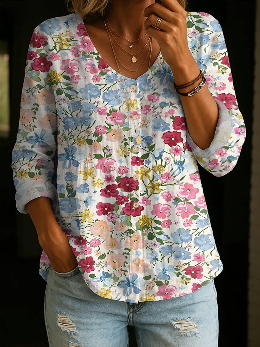 Women's Vintage Floral Art Print Linen-cotton Shirt