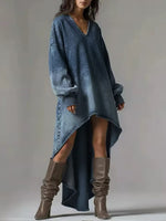 Women's V-neck Long-sleeved Casual Loose-fitting Denim Dress With A Shorter Front And Longer Back Hem.