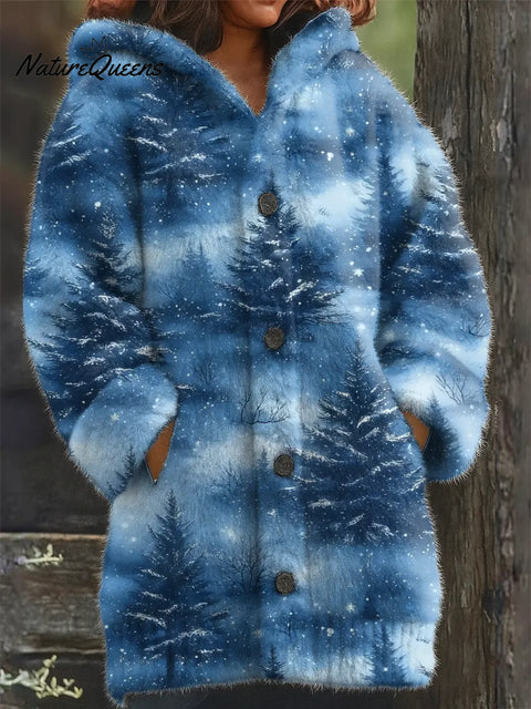 Women's Christmas Tree Pattern Art Print Casual Fleece Coat