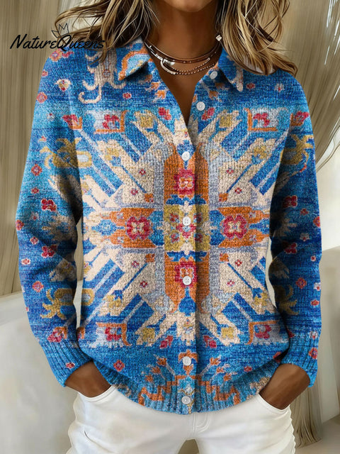 Women's Retro Ethnic Geometric Abstract Pattern Art Print Cowl Neck Sweater