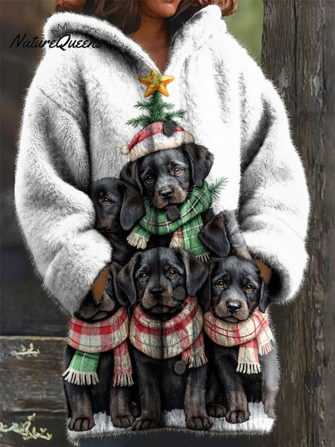 Women's Retro Christmas Cute Animals Dog Pattern Art Print Casual Plush Warm Coat