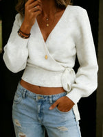 Women's Solid Color V-neck Tie-waist Long-sleeved Sweater