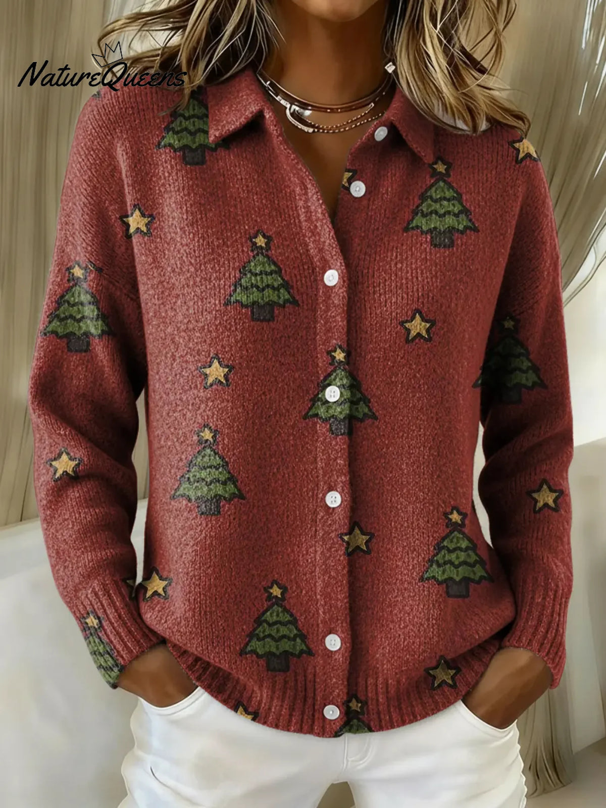Women's Vintage Christmas Tree Printed Collared Sweater