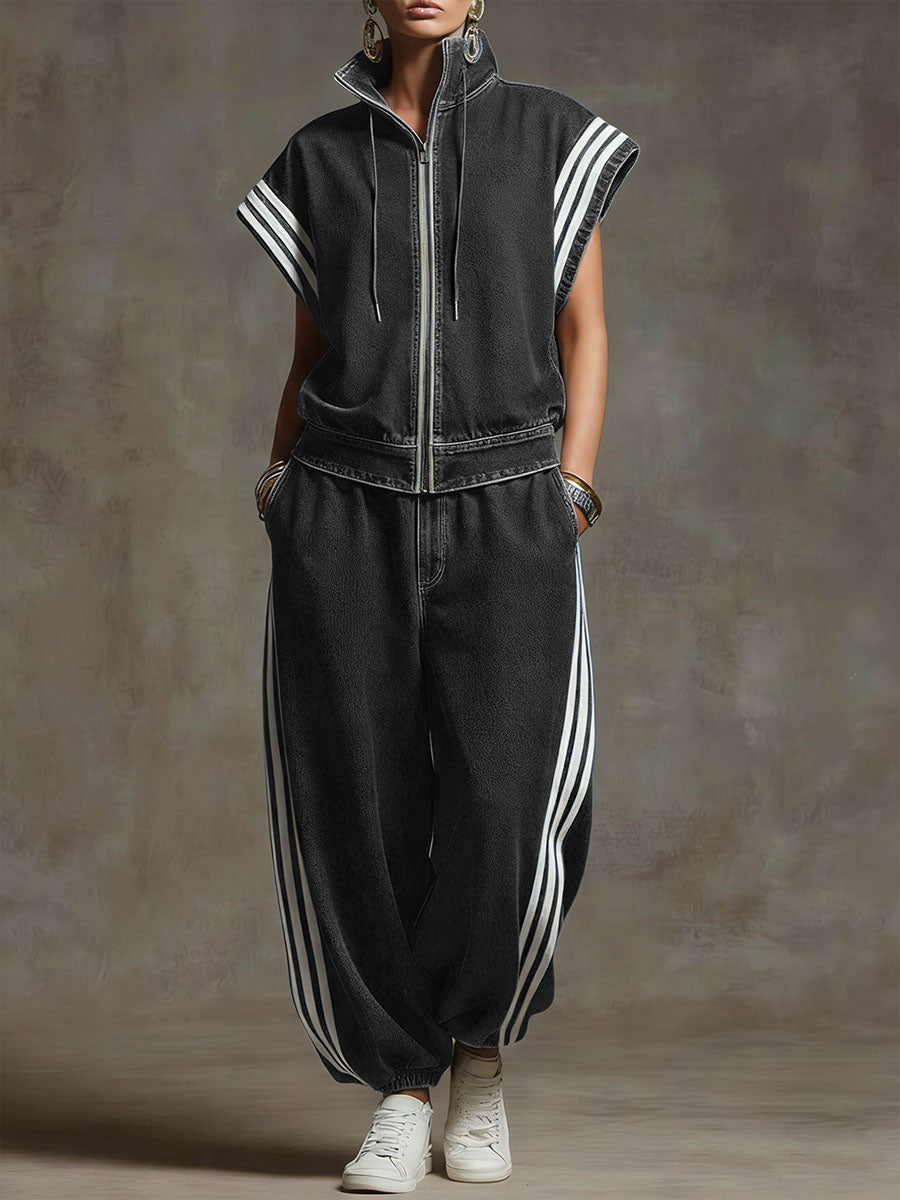 Women's Stand-collar Short-sleeved Casual Loose Denim Top And High-waisted Wide-leg Jeans Set.