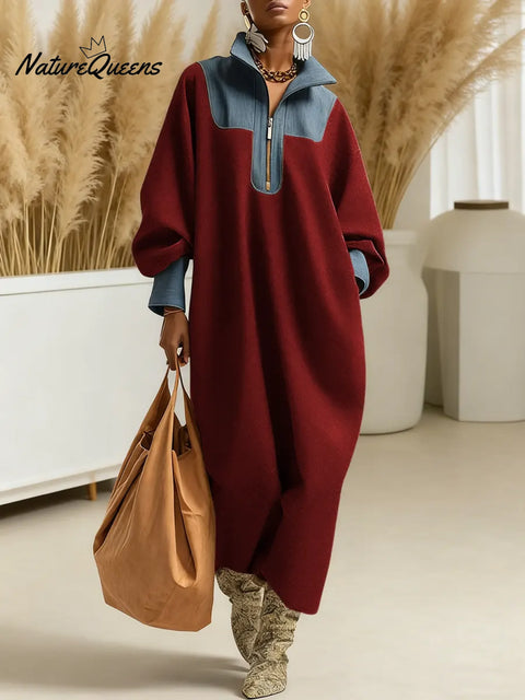 Women's Color-blocked Cardigan Collar Long-sleeved Casual Loose Knit Dress