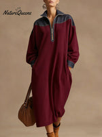 Women's Color-blocked Stand Collar Long Sleeve Casual Loose Cotton Dress