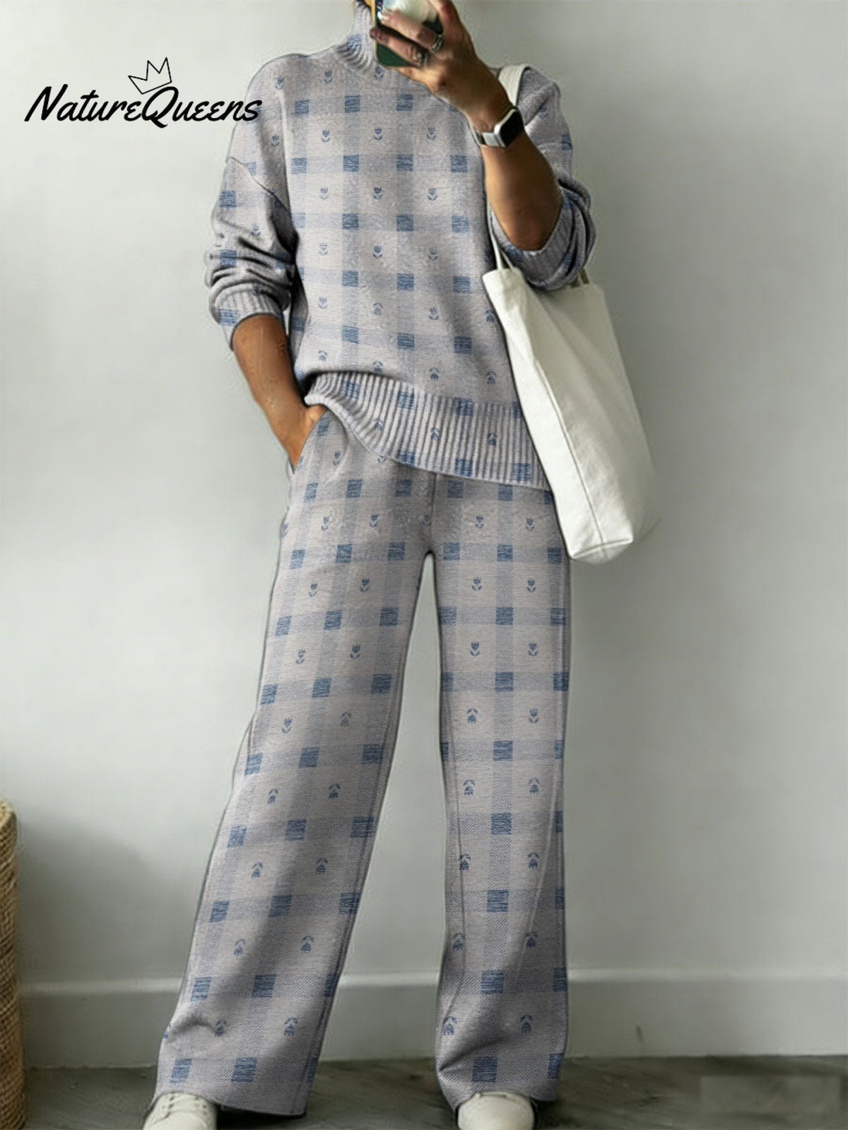 Country Style Plaid And Floral Decorative Patterns Casual Stand Collar Long Sleeve Top And Elastic Waistband Pants