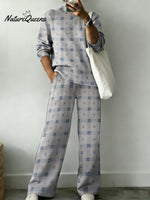 Country Style Plaid And Floral Decorative Patterns Casual Stand Collar Long Sleeve Top And Elastic Waistband Pants