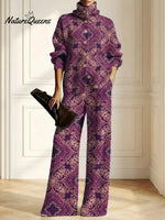 Women's Vintage Pattern Art Print Casual Cotton Knitted Suits