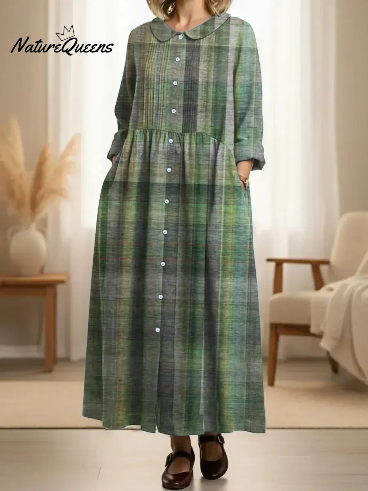 Women's Pleated Vintage Plaid Art Print Doll Collar Casual Long-sleeved Dress
