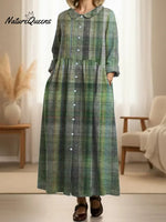Women's Pleated Vintage Plaid Art Print Doll Collar Casual Long-sleeved Dress