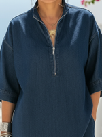 Casual Denim Zip-up Stand-collar Shirt And Wide-leg Pants Two-piece Set