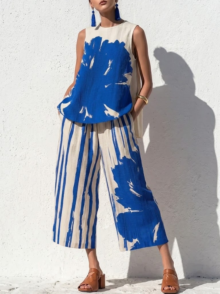 Casual Artistic Print Cotton-linen Two-piece Set: Top & Cropped Pants
