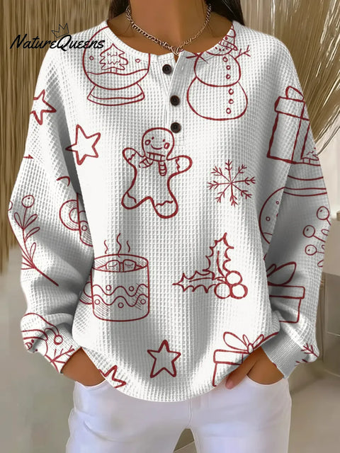 Women's Minimalist Christmas Elements Print Casual Cotton Shirt