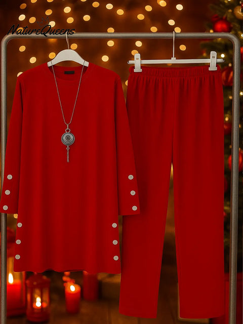 Women's Solid Color Round Neck Long Sleeve Casual Loose Cotton Top and High-Waisted Casual Loose Wide-Leg Pants Set