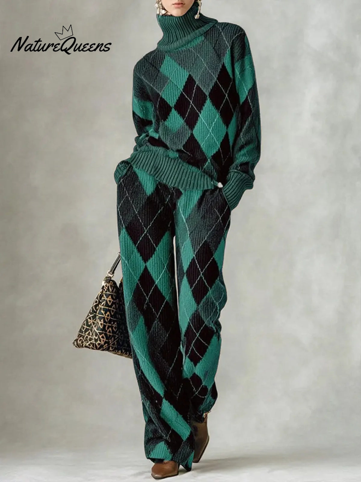 Women's Plaid Print High-neck Long-sleeve Casual Loose Knit Top With Elastic Waist And Wide-leg Pants Set