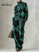 Women's Plaid Print High-neck Long-sleeve Casual Loose Knit Top With Elastic Waist And Wide-leg Pants Set