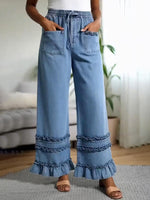 Cozy Ruffle Details Denim Straight-leg Pants