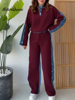 Women's Color-blocked Cardigan Collar Long-sleeved Casual Loose Top And High-waisted Casual Loose Color-blocked Wide-leg Pants S