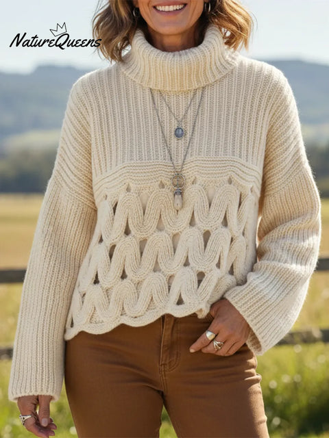 Retro High-neck Cable Knit Openwork Sweater
