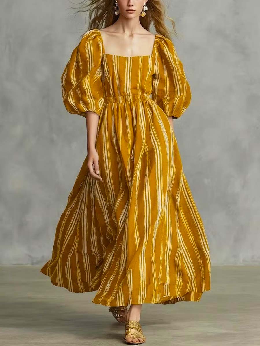 Women's Striped Art Casual Stylish Short Sleeve Cotton Linen Dress