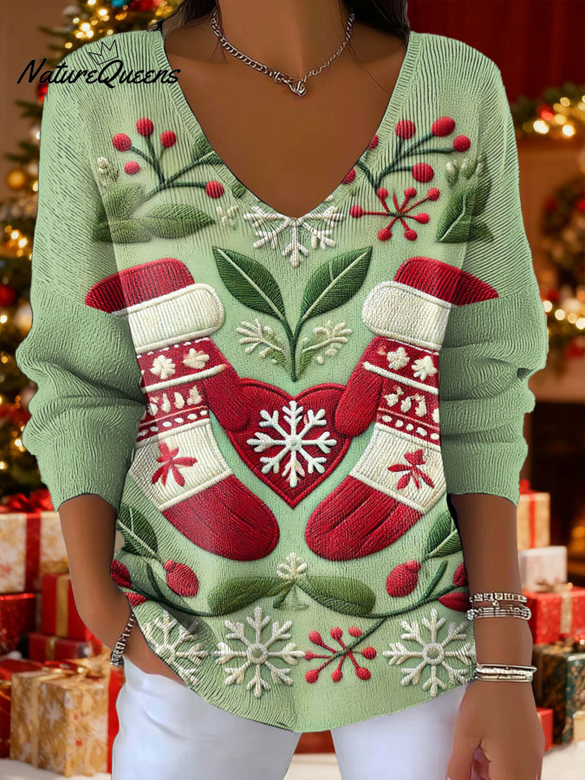 Women's Christmas Gloves Snow Art Pattern Art Print V-neck Solid Color Loose Shiny Sweater