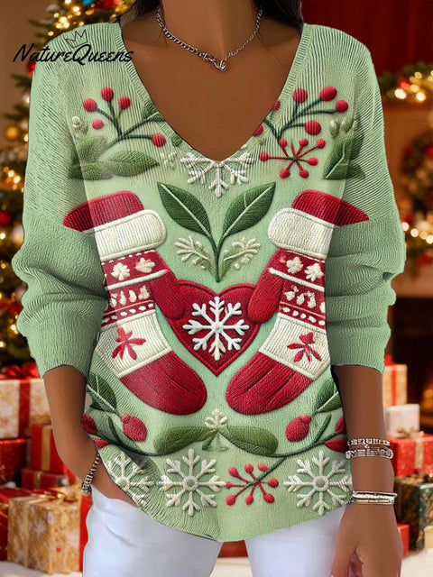 Women's Christmas Gloves Snow Art Pattern Art Print V-neck Solid Color Loose Shiny Sweater