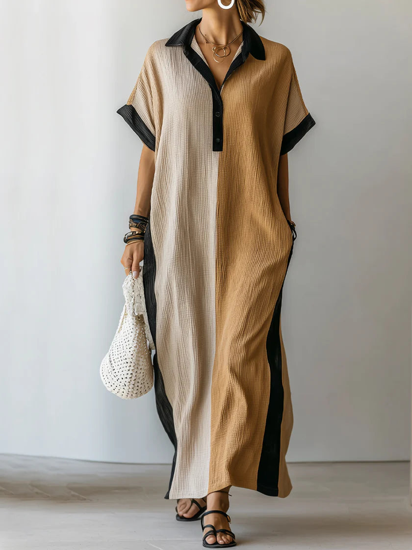 Loose And Comfortable Color-block Linen And Cotton Shirt Dress