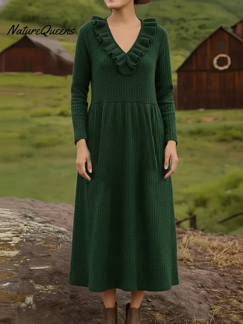 Retro Elegant V-neck Ruffled Knit Midi Dress