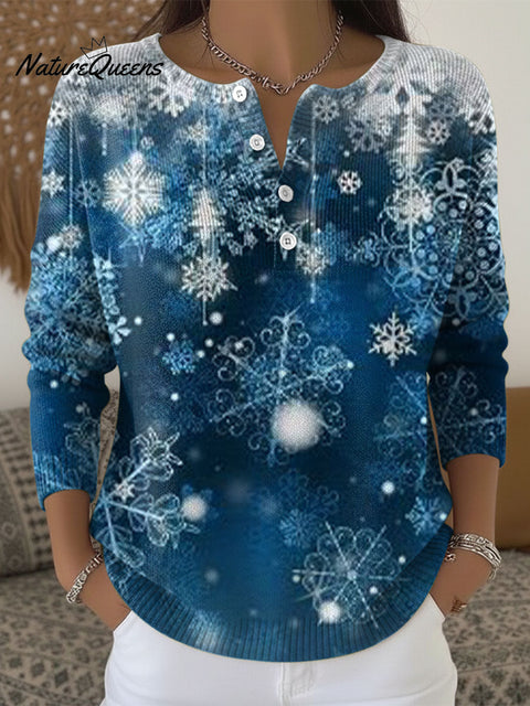 Women's Retro Christmas Snowflake Art Pattern Art Print Buttoned Cardigan Sweater
