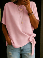 Women's Solid Color Round Neck Short-sleeved Tie-front Linen Cotton Shirt