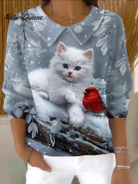 Women's  Cute Christmas Cat Print Casual Peter Pan Collar 3/4 Sleeve Sweater