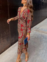 Women's Retro Floral Art Casual V Neck Long Sleeve Stylish Dress