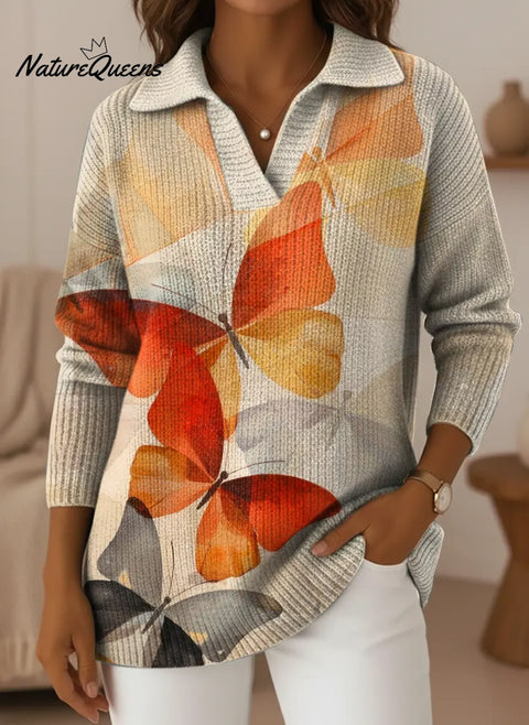 Women's Artistic Watercolor Butterfly V-neck Sweater