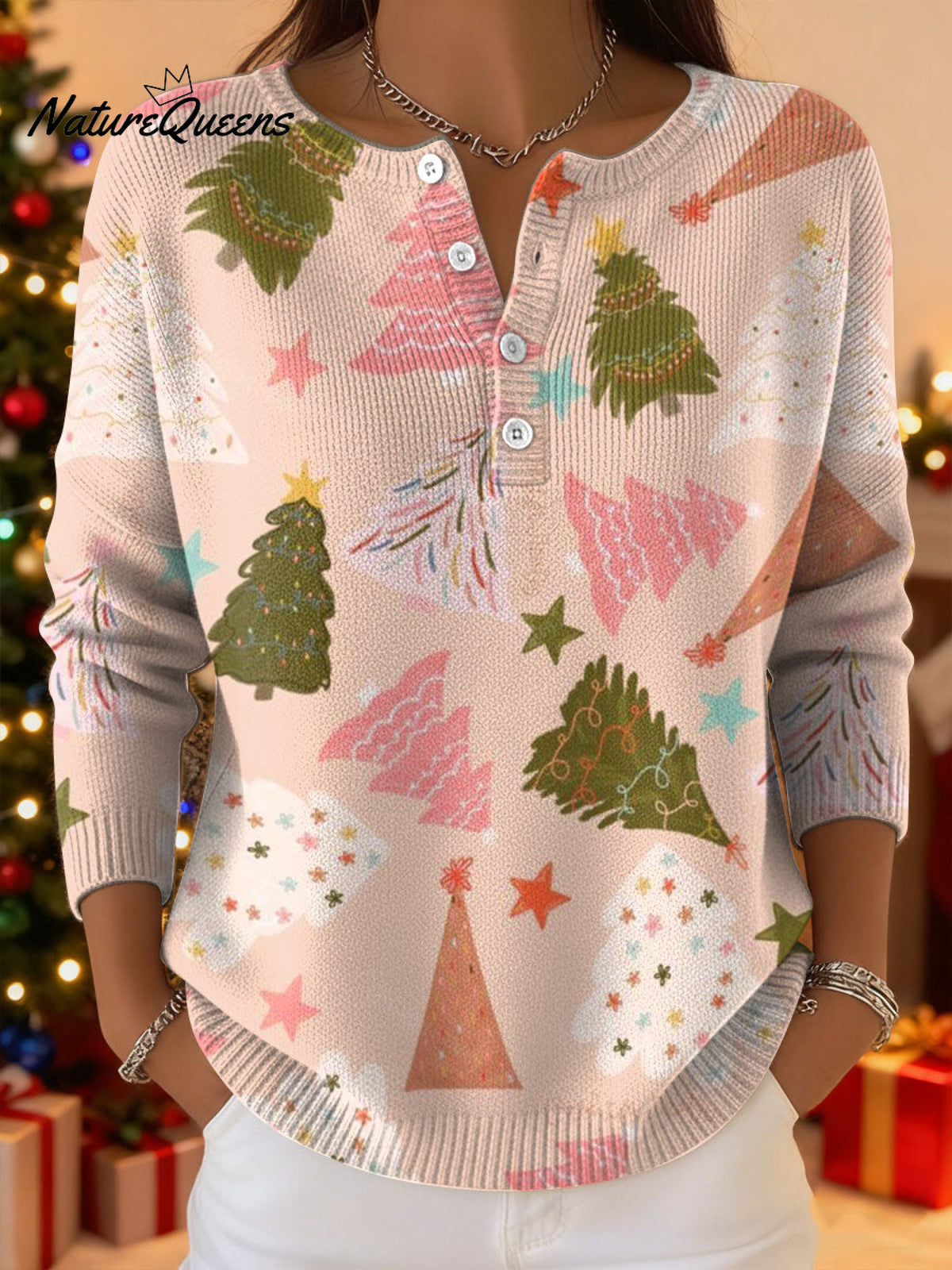 Women's Christmas Trees Pattern Art Print Buttoned Cardigan Sweater