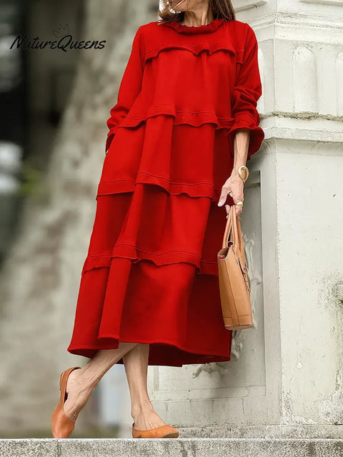 Women's Solid Color Round Neck Long Sleeve A-line Dress With Ruffles