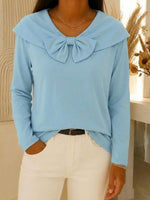 Women's Solid-color V-neck Long-sleeve Loose-fit Cotton Casual Top